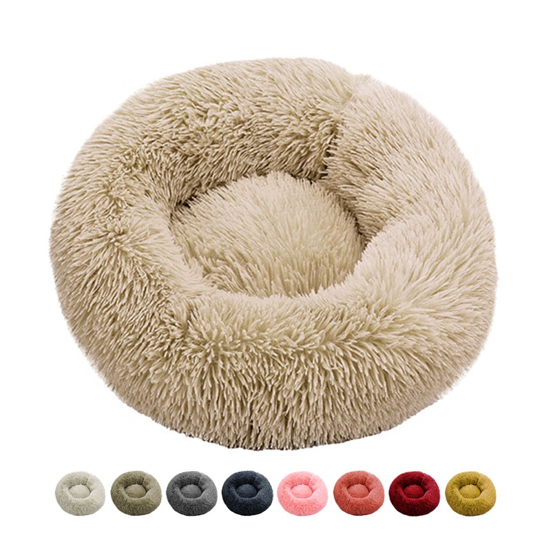 Long Plush Fluffy Pet Bed For Cat Anti Slip Dot Bottom Calming Puppy Dog Donut Bed Round Cat Bed
